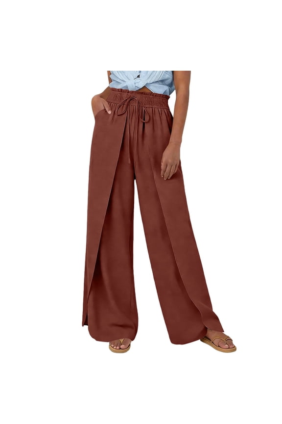 public Wide Leg Pants Woman High Waisted Womens Wrap Pants Flowy Tie Front Yoga Pants Beach Casual Workout Split Slit Palazzo Trousers Coffee, L