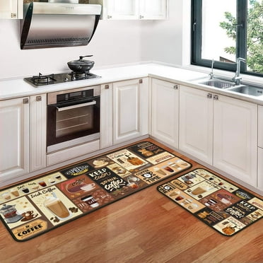 pugdodo 2 PCS Coffee Theme Kitchen Rugs and Mats Non Skid Washable Black Kitchen Mat Soft Super Absorbent Anti Fatigue Kitchen Mat Runner Set Doormat Bathroom 17"x47"+17"x30" (Coffee)
