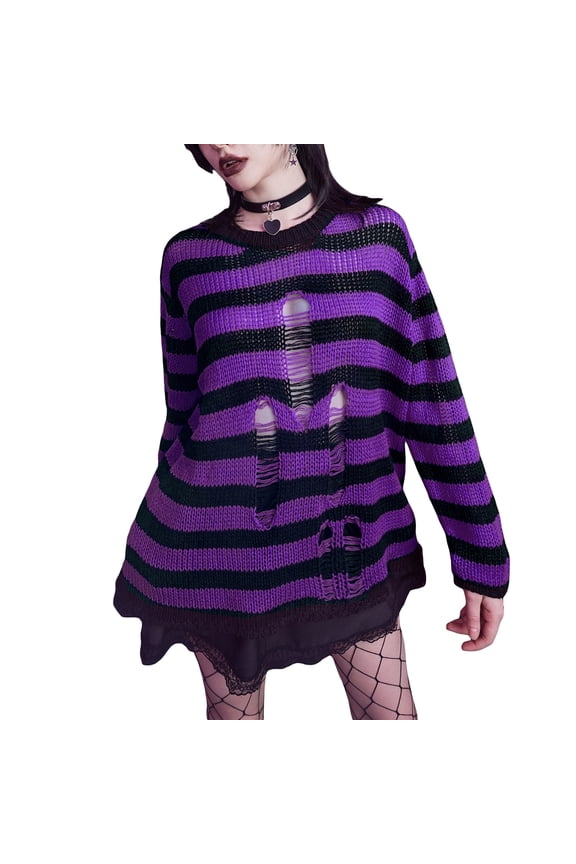 pullover knit sweater sweater long sleeve sweater • cardigan Women Knit Sweater Long Sleeve Crew Neck Striped Ripped Pullover Tops Streetwear