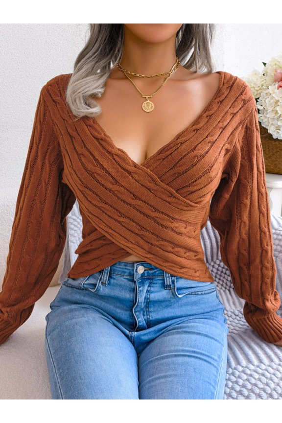 pullover long sleeve sweater • cardigan crew neck sweater • warm sweater knit sweater Women Sultry Cross V Neck Crop Pullover Sweater Long Sleeve Solid Fall Winter Vacation Knit Top