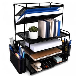 punada Desk Organizer with File Holder, 6 Tier Metal Desktop File Organizer with Pen Holders and Mesh Trays for Home, Office and Workspace