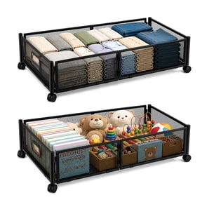 punada Under Bed Storage with Wheels, 2 Pack Metal Underbed Storage Containers, Rolling Drawers for Clothes, Shoes, Blankets, Bedroom Closet Organizer