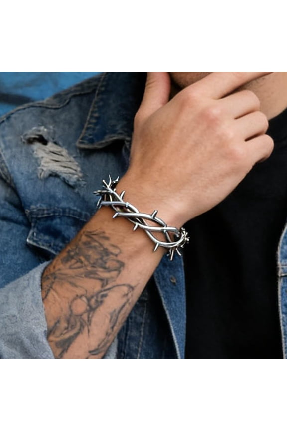 punk bracelets for men, Gothic bracelet, retro adjustable bracelet, silver thorn & barbed wire braided jewelry