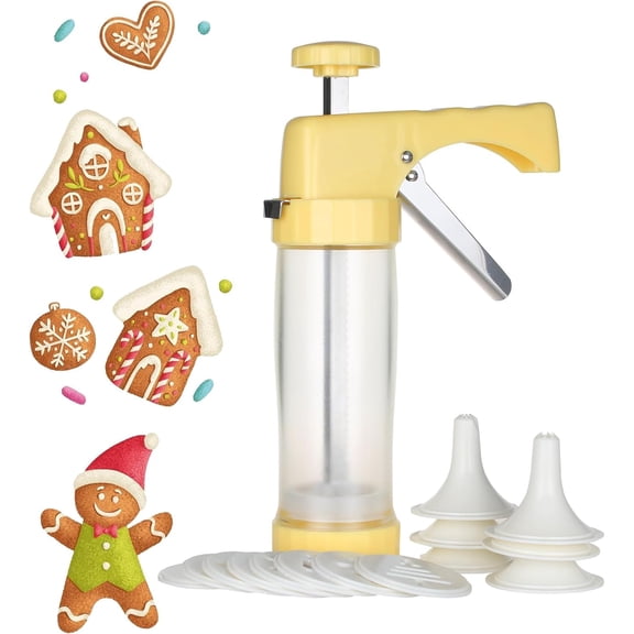 pupikeji Cookie Press Icing Gun - Biscuit Maker Machine with 16 Discs and 6 Cake Decoration Tips (Yellow)