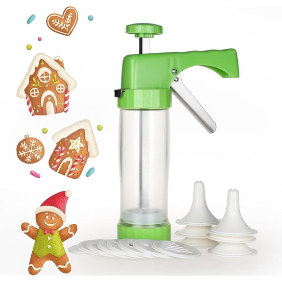 pupikeji Cookie Press Maker Machine - Icing Gun Kit with 16 Discs and 6 Decoration Tips for Home DIY (Green)
