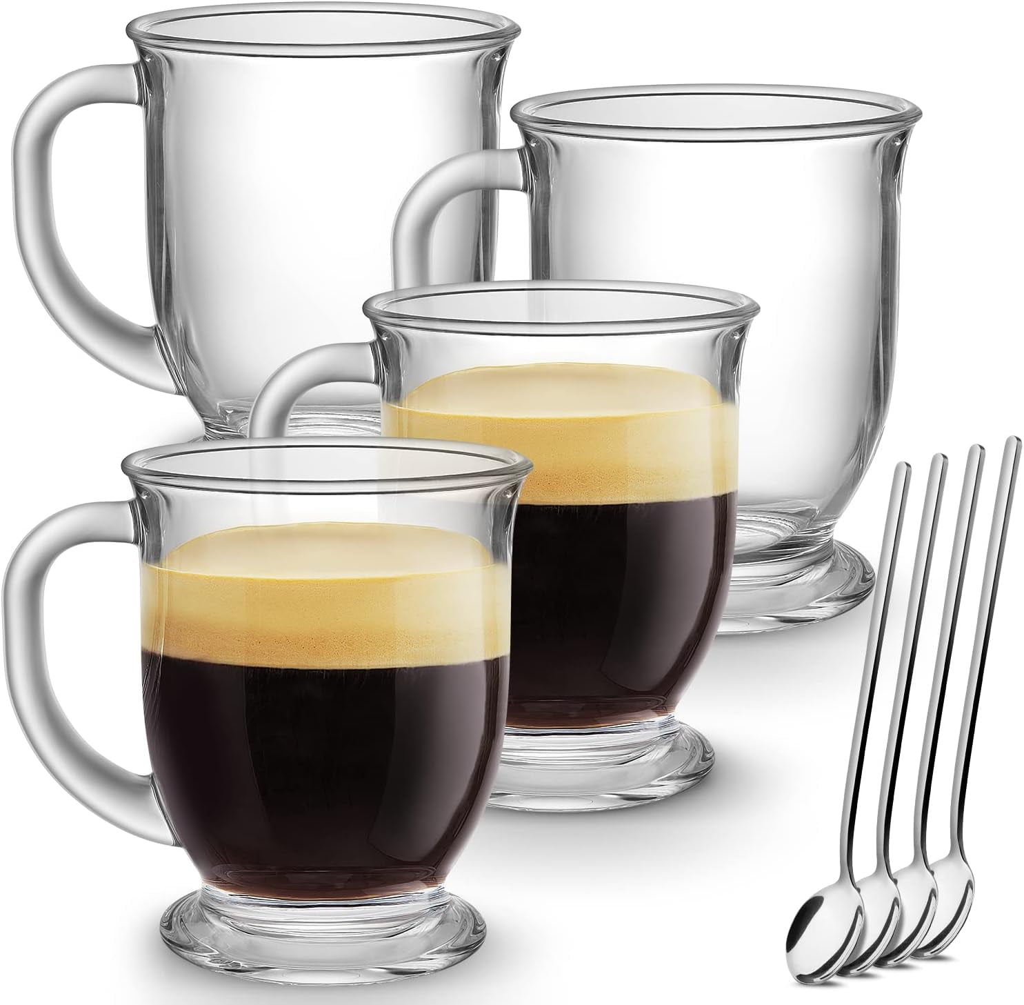 pupikeji Glass Coffee Mugs Set of 4, Clear Large Coffee Mug 15 Oz With Handles for Hot Beverages, Clear Mugs for Tea, Cappuccino, Latte, Espresso Coffee, Juice, Glass Coffee Cups