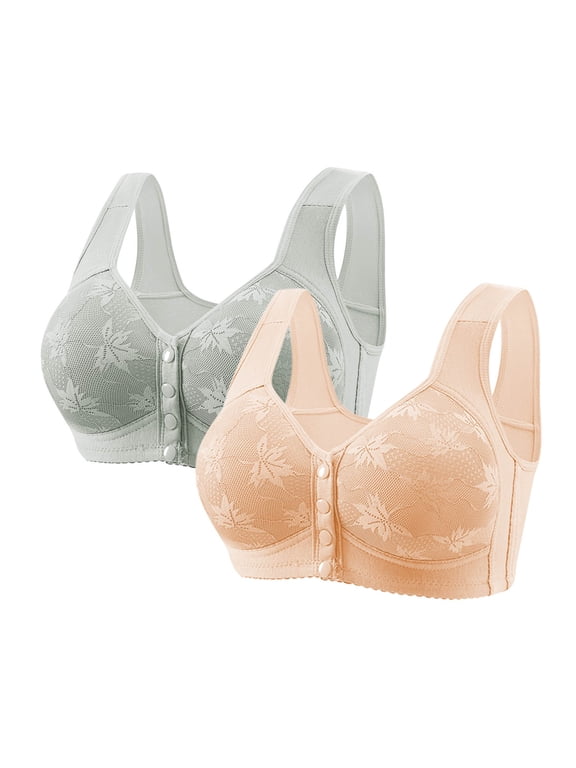2 Pack Front Closure Wireless Bra for Women, Comfort Double Support Wirefree Post Surgery Bra Full Coverage Everyday Bra Front Snaps Bras for Older Women