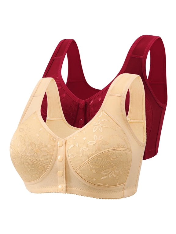 2 Pack Women's Big Busts Front Close Wireless Bras Flower Embroidery Smoothing Padded Bralette Comfortable Breathable Bras