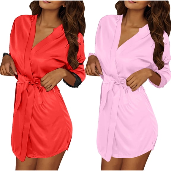 purcolt 2 Pack Women's Short Satin Silky Robes Lightweight V-Neck Sleepwear Bride Bridesmaid Dressing Gown Kimono Bathrobes