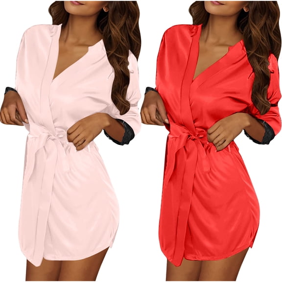 purcolt 2 Pack Women's Short Satin Silky Robes Lightweight V-Neck Sleepwear Bride Bridesmaid Dressing Gown Kimono Bathrobes
