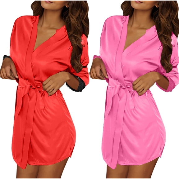 purcolt 2 Pack Women's Short Satin Silky Robes Lightweight V-Neck Sleepwear Bride Bridesmaid Dressing Gown Kimono Bathrobes