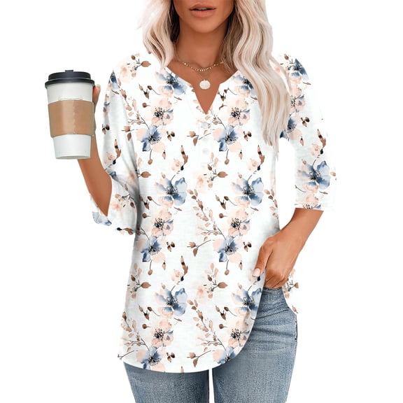 purcolt 3/4 Sleeve Tops for Women Dressy Casual V Neck Printed T Shirts Cute Tunic Tops Business Work Blouses