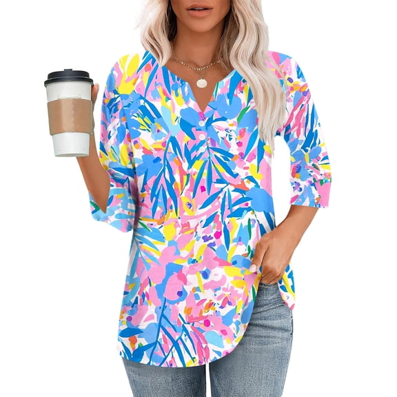 purcolt 3/4 Sleeve Tops for Women Dressy Casual V Neck Printed T Shirts Cute Tunic Tops Business Work Blouses