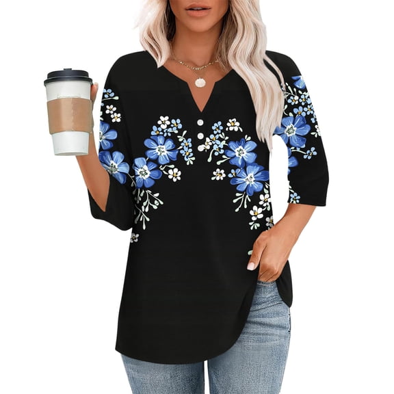 purcolt 3/4 Sleeve Tops for Women Dressy Casual V Neck Printed T Shirts Cute Tunic Tops Business Work Blouses