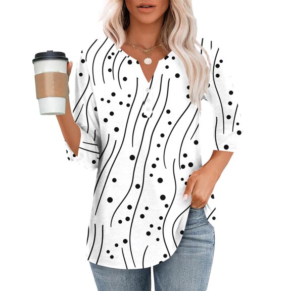 purcolt 3/4 Sleeve Tops for Women Dressy Casual V Neck Printed T Shirts Cute Tunic Tops Business Work Blouses