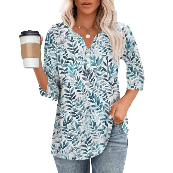 purcolt 3/4 Sleeve Tops for Women Dressy Casual V Neck Printed T Shirts Cute Tunic Tops Business Work Blouses