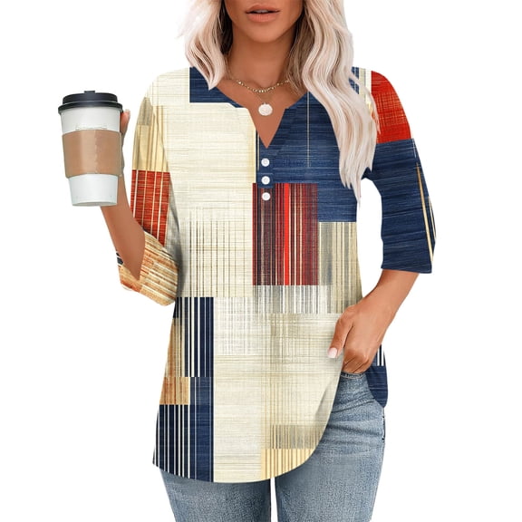 purcolt 3/4 Sleeve Tops for Women Dressy Casual V Neck Printed T Shirts Cute Tunic Tops Business Work Blouses
