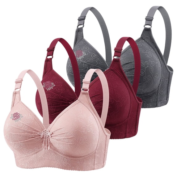 purcolt 3 Pack Women's Plus Size No Underwire Bras Flowers Embroidery Soft Push Up Wireless Bras Casual Supportive Comfort Tshirt Bralettes