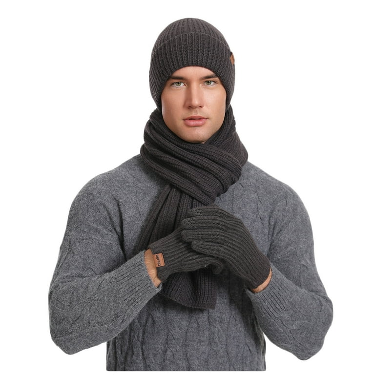 purcolt 3PCS Men's Knit Cap Hat Scarf Gloves Cold Weather Set Long