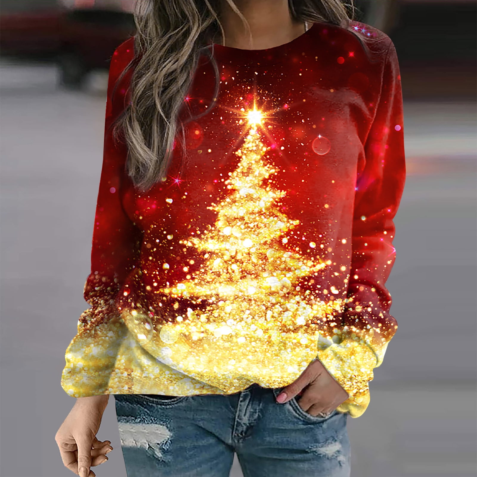 purcolt 50% Off Clearance!Ugly Christmas Sweater for Women,Women's Sequin  Christmas Tree Print Ugly Christmas Sweater Pullover Tops Funny Holiday  Blouse Ugly Xmas Sweater Gift for Women On Clearance 