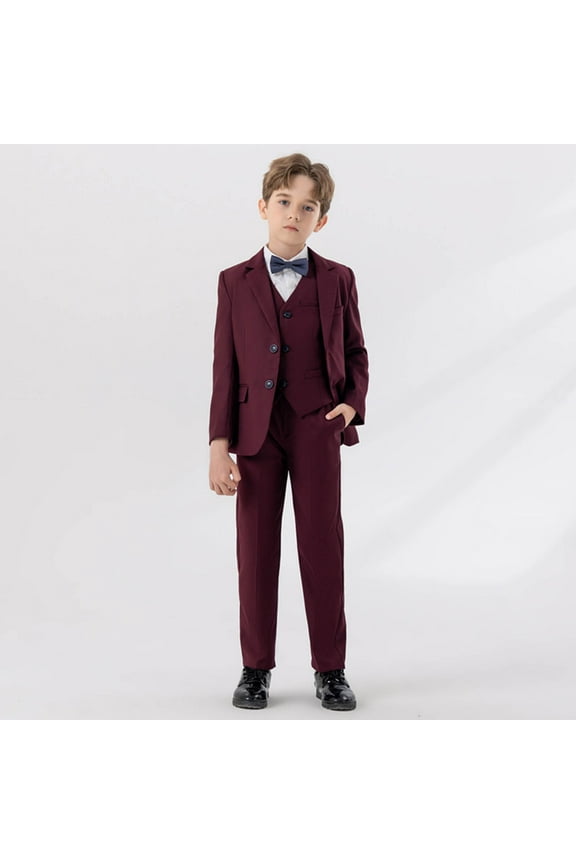 Boys' 5-Piece Slim Fit Formal Suit Set with Tuxedo Jacket, Vest, Pants, Dress Shirt, and Bow Tie Wedding Ring Bearer Outfit