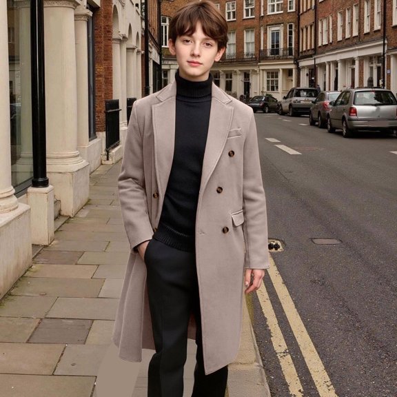 purcolt Boys Double Breasted Trench Coat Notched Lapel Collar Pea Coat Wool Blend Long Jacket 5-14 Years