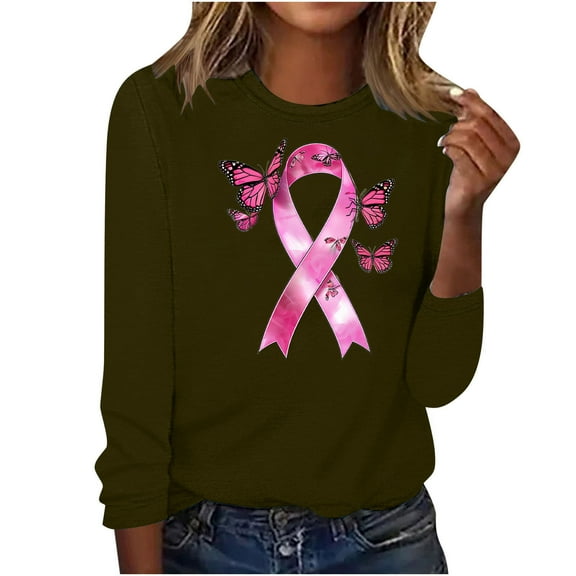 purcolt Breast Cancer Awareness Shirt Long Sleeve Shirt Pink Ribbon Print Graphic Shirts Breast Cancer Gifts for Woman
