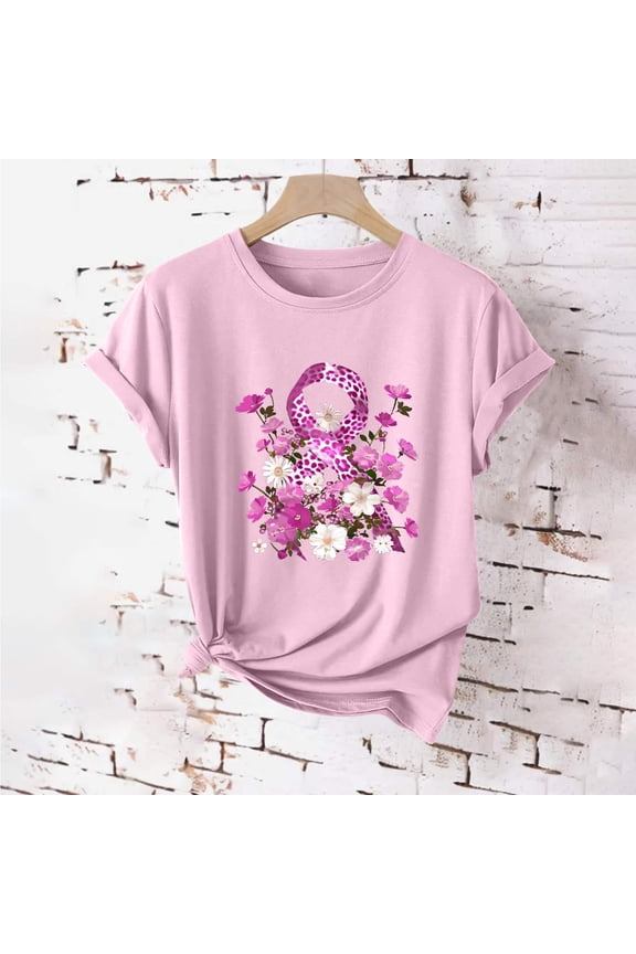 Breast Cancer Awareness Shirts for Women Crewneck Short Sleeves Pink Ribbons T-Shirt Breast Cancer Tee Tops