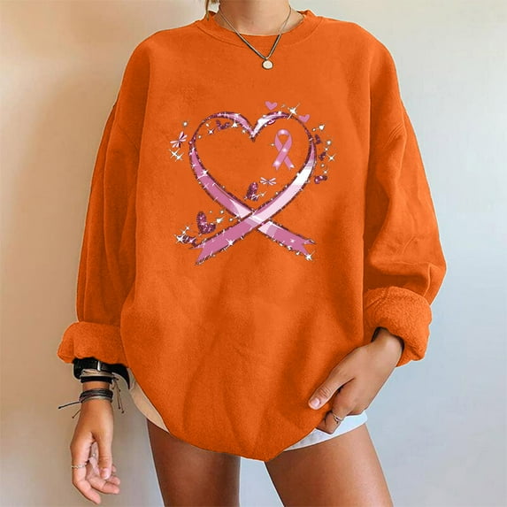 purcolt Breast Cancer Awareness Sweatshirt for Women Breast Cancer Long Sleeve Crewneck Shirt Pink Ribbon Heart Graphic Sweatshirt Breast Cancer Gifts for Woman