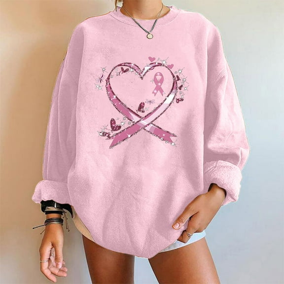 purcolt Breast Cancer Awareness Sweatshirt for Women Breast Cancer Long Sleeve Crewneck Shirt Pink Ribbon Heart Graphic Sweatshirt Breast Cancer Gifts for Woman