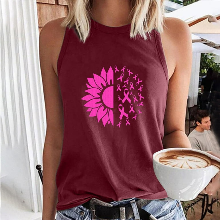 purcolt Breast Cancer Shirts for Women,Womens Summer Love Vest Breast  Cancer Tank Tops Pink Ribbon Graphic Tees Casual Crewneck Sleeveless Breast