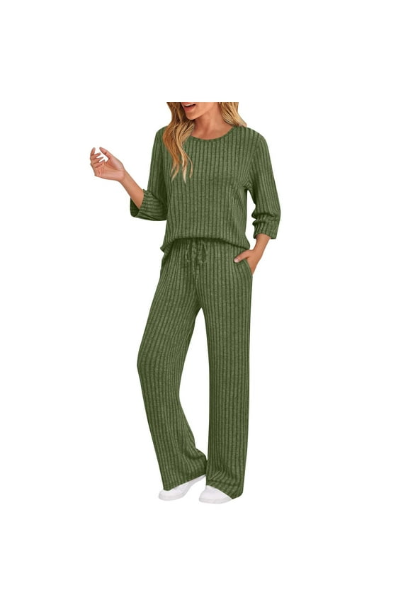 Casual 2 Piece Outfits for Women Loose Fit Lounge Matching Sets 3/4 Sleeve Top & Straight Wide Leg Pants Workout Tracksuits Set Loungewear
