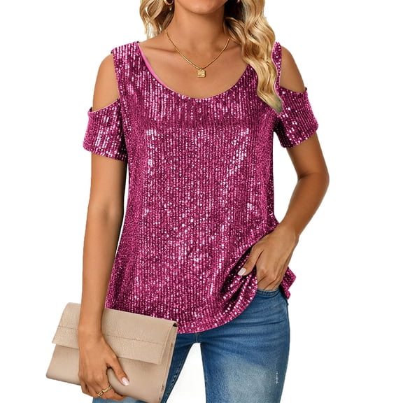 purcolt Cold Shoulder Tops for Women Sparkly Sequin Crew Neck Short Sleeve Shirts Dressy Casual Evening Party Concert Blouses