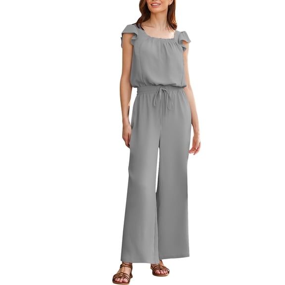 purcolt Cotton Linen Jumpsuits for Women Summer Dressy Casual Ruffled Cap Sleeve Loose Rompers Boho Vintage Wide Leg Baggy Overalls S-2XL