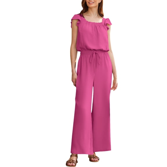 purcolt Cotton Linen Jumpsuits for Women Summer Dressy Casual Ruffled Cap Sleeve Loose Rompers Boho Vintage Wide Leg Baggy Overalls S-2XL