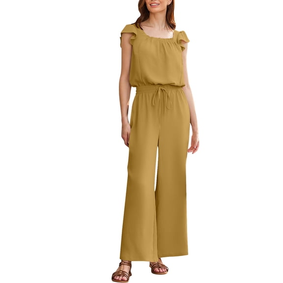 purcolt Cotton Linen Jumpsuits for Women Summer Dressy Casual Ruffled Cap Sleeve Loose Rompers Boho Vintage Wide Leg Baggy Overalls S-2XL