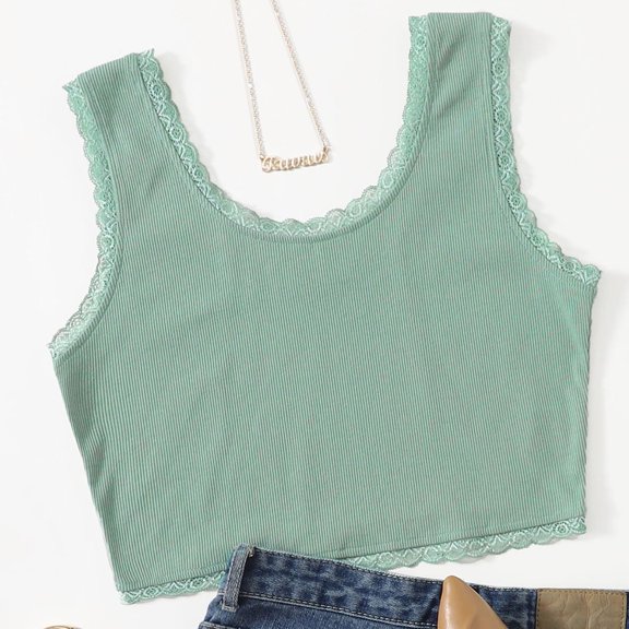 purcolt Crop Tops for Women, Casual Lace Trim Solid Color Tank Tops Sleeveless Scoop Neck Ribbed Seamless Skinny Slim Fit Pullover Vest Workout Fitness Yoga Tank Shirts