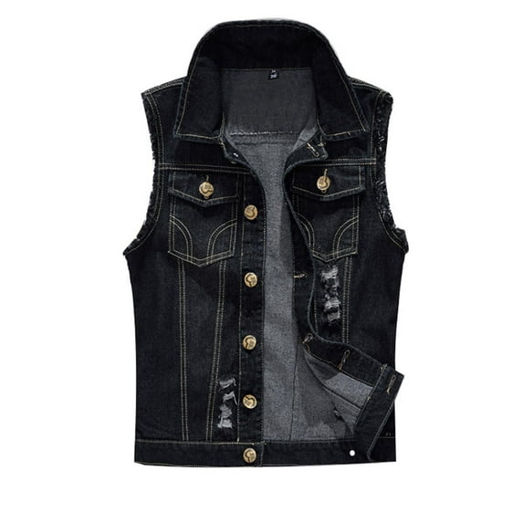 purcolt Denim Vest Men Lapel Sleeveless Casual Slim Fit Retro Ripped Distressed Jean Vest Jacket(Black, 5XL)