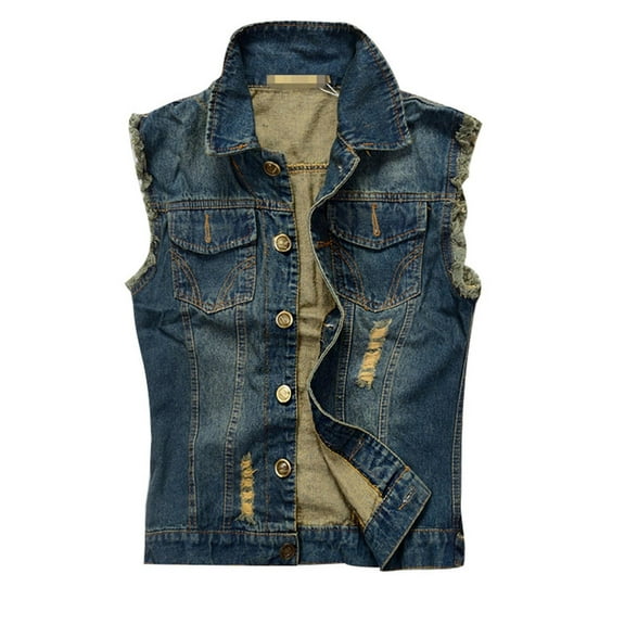 purcolt Denim Vest Men Lapel Sleeveless Casual Slim Fit Retro Ripped Distressed Jean Vest Jacket(Dark Blue, S)