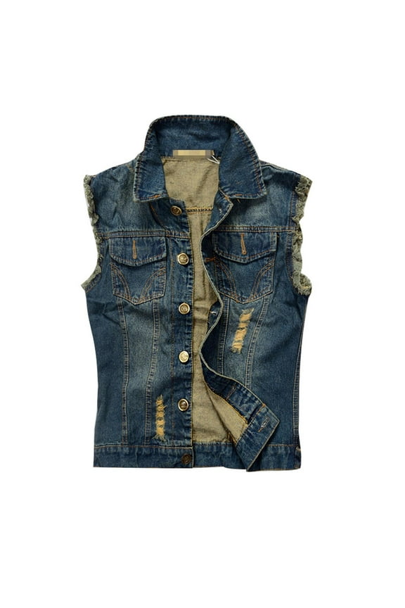 Denim Vest Men Lapel Sleeveless Casual Slim Fit Retro Ripped Distressed Jean Vest Jacket(Dark Blue, XL)