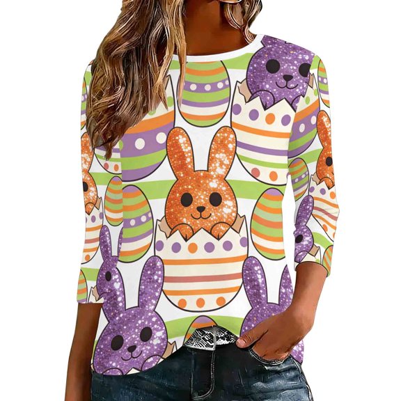 purcolt Easter Day 3/4 Length Sleeve Shirts for Women Cute Bunny Egg Graphic Tees Crewneck Casual Trendy Loose Tunic Tops