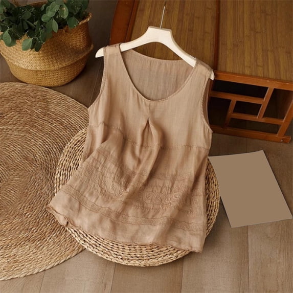 purcolt Embroidery Linen Shirts for Women Sleeveless Crew Neck Tank Tops Loose Casual Flowy Blouses