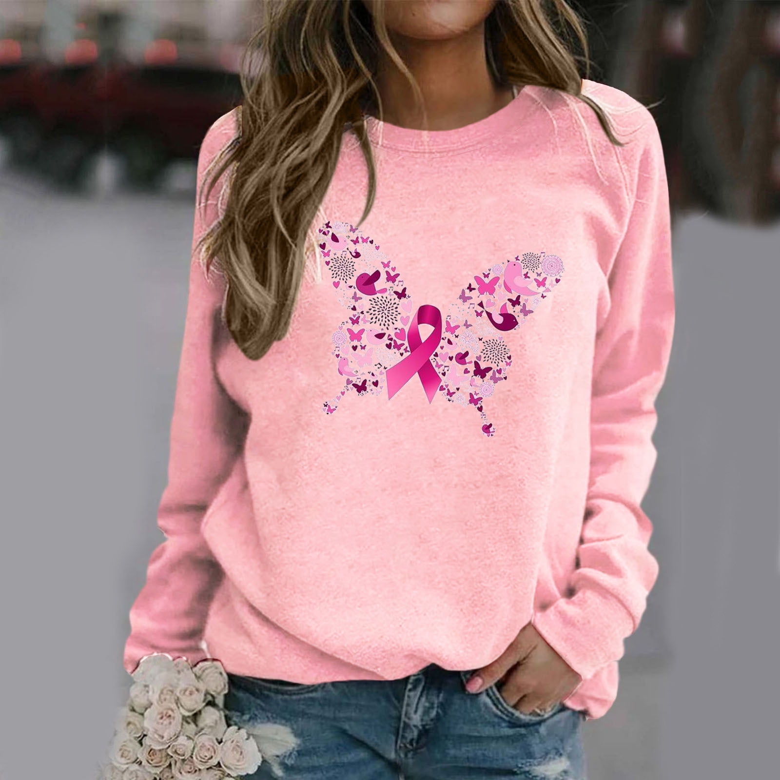 purcolt Fall Winter Long Sleeve Breast Cancer Shirts for Women,Pink Ribbon  Graphic Crewneck Oversized Sweatshirts for Women,Breast Cancer Awareness  Survivor T-Shirts Pullover Tops 