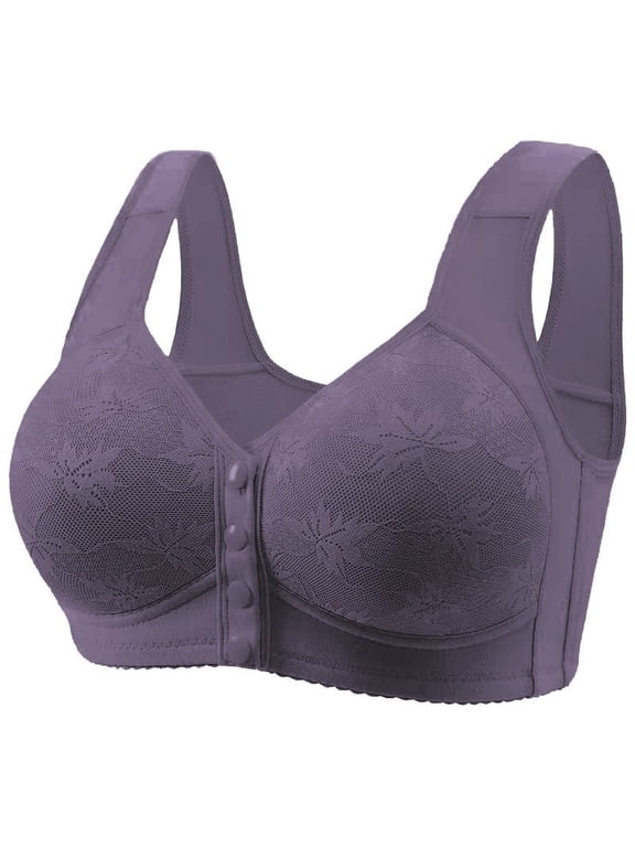 Front Closure Double Support Wireless Bra, Floral Lace Bra with Stay-in-Place Straps, Full-Coverage Wire-Free Lightly Lined Comfort Bralettes for Everyday Wear