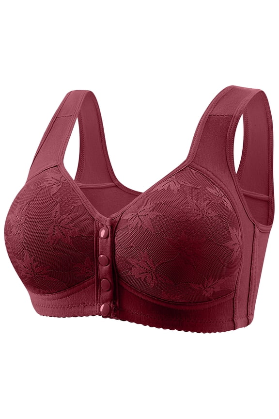Front Closure Double Support Wireless Bra, Floral Lace Bra with Stay-in-Place Straps, Full-Coverage Wire-Free Lightly Lined Comfort Bralettes for Everyday Wear