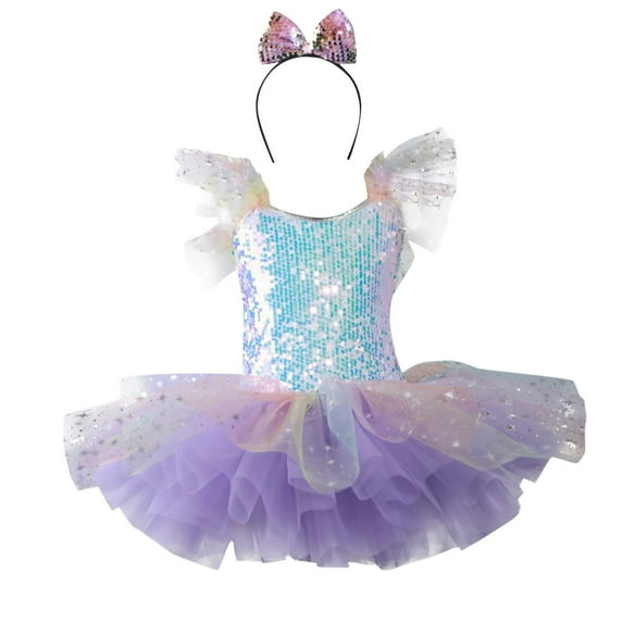 purcolt Girls Ballerina Costume Ruffle Sleeve Sparkly Sequins Ballet Leotards Pancake Platter Gymnastics Leotards Dance Outfit