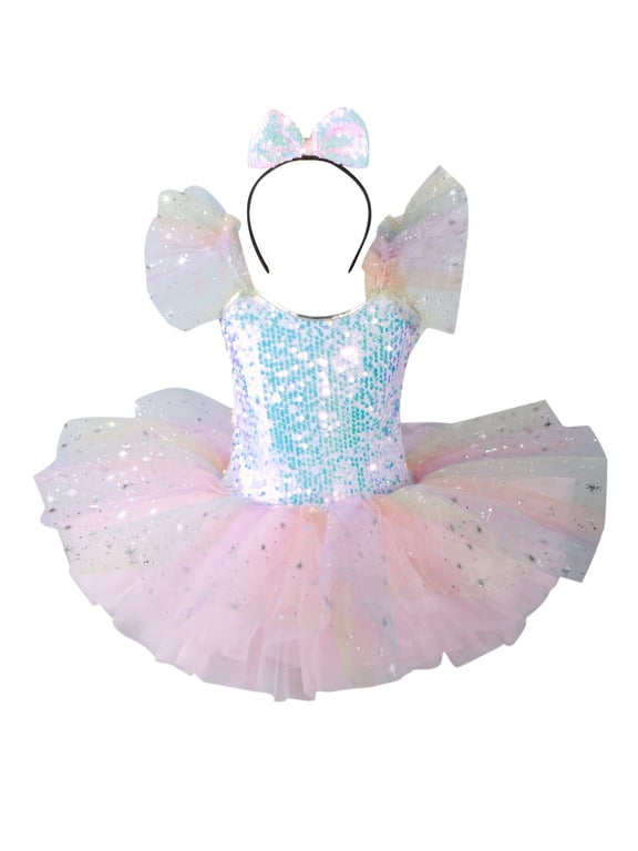 Girls Ballerina Costume Ruffle Sleeve Sparkly Sequins Ballet Leotards Pancake Platter Gymnastics Leotards Dance Outfit