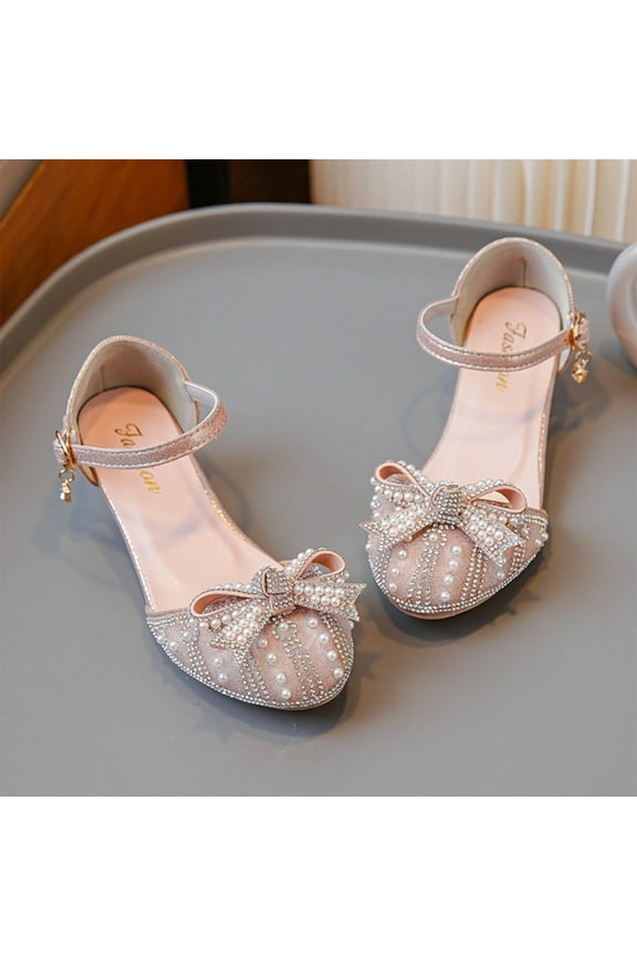 Girls Dress Shoes with Pearl & Bow, Glitter Mary Jane Pumps, Low Heel Party Wedding Princess Shoes (Toddler/Little Kids/Big Kids)