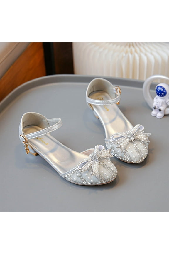 Girls Dress Shoes with Pearl & Bow, Glitter Mary Jane Pumps, Low Heel Party Wedding Princess Shoes (Toddler/Little Kids/Big Kids)