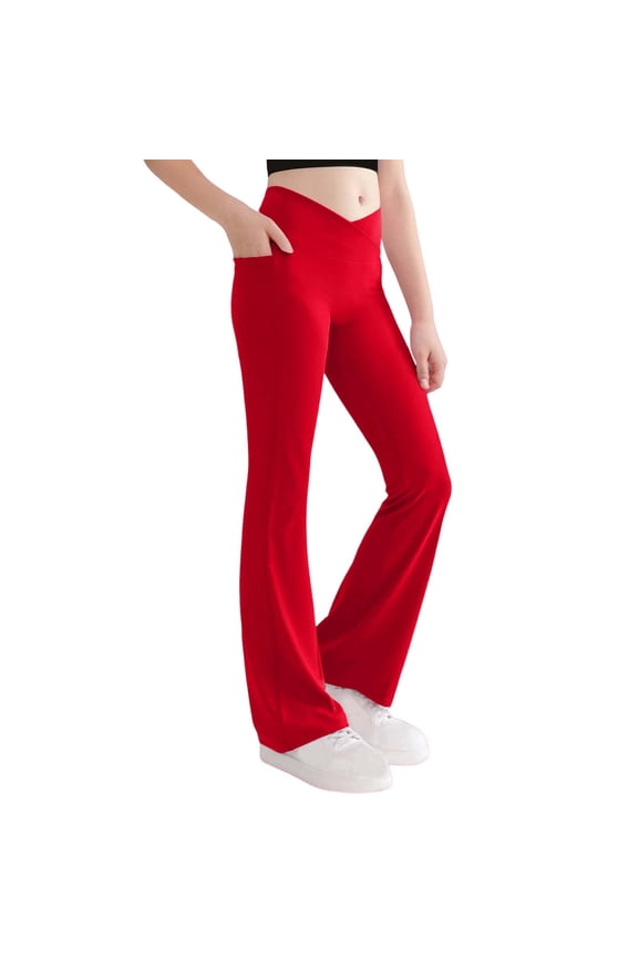 Girls Flare Leggings Criss Cross High Waisted Bell Bottom Kids Workout Dance Yoga Bootcut Pant with Pocket